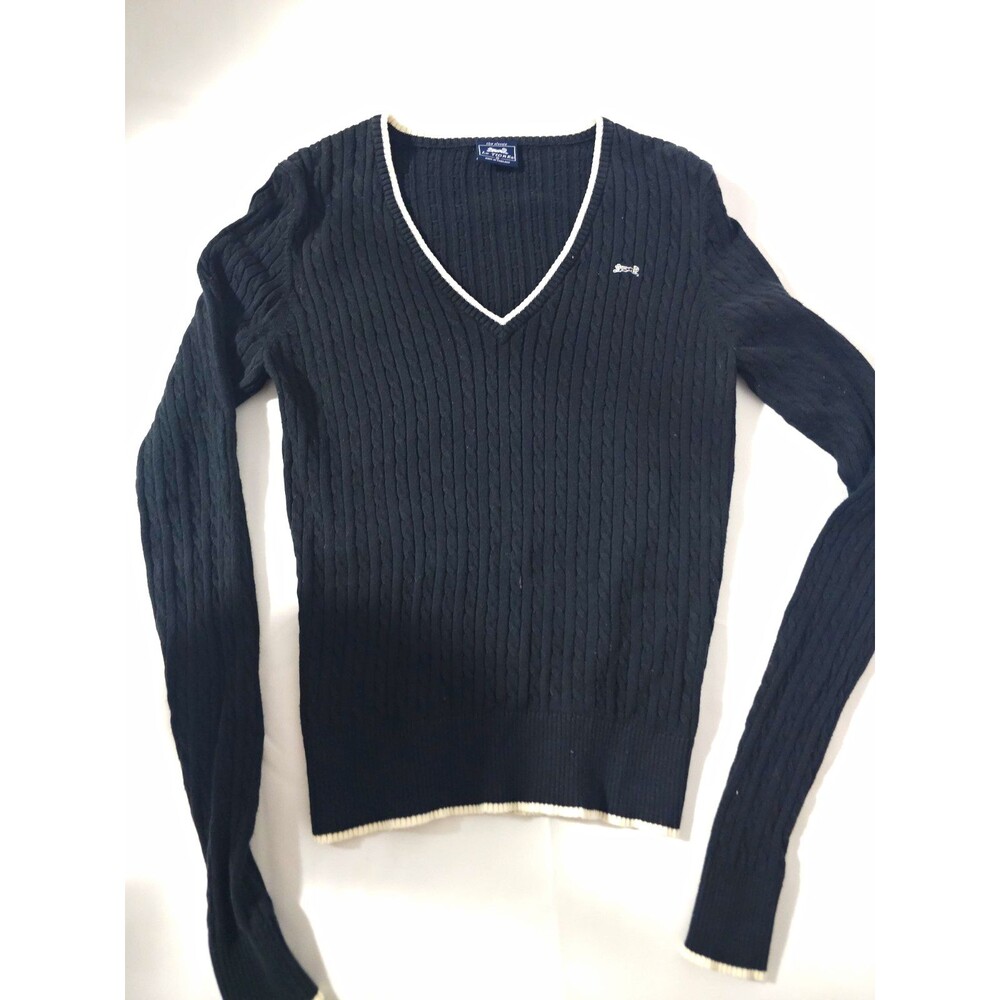 Le TIGRE S Women Black/White V-Neck Cable-Knit Pullover Sweater Logo Solid